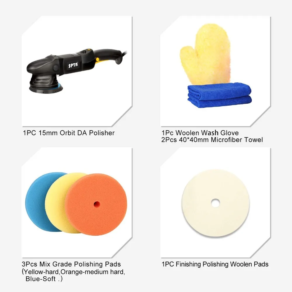 Ceny SPTA 5 cali (125mm) 15mm elektryczna polerka z podwójnym działaniem do samochodu przenośna Mini szlifierka polerska z nakładka polerska
