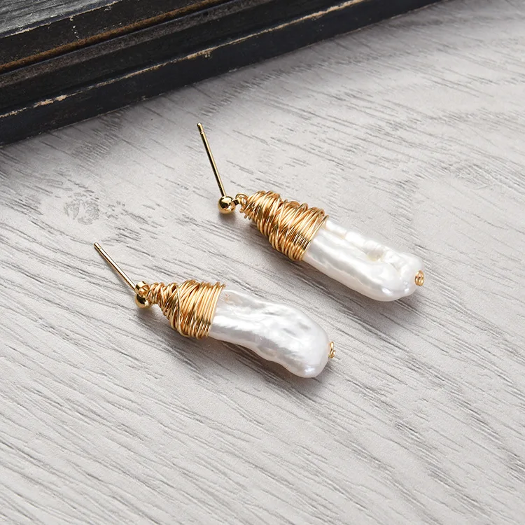 

2019 Korea Design Metal Gold Geometric Natural irregular baroque real Square Freshwater Pearl Earrings for Women Girl Gift