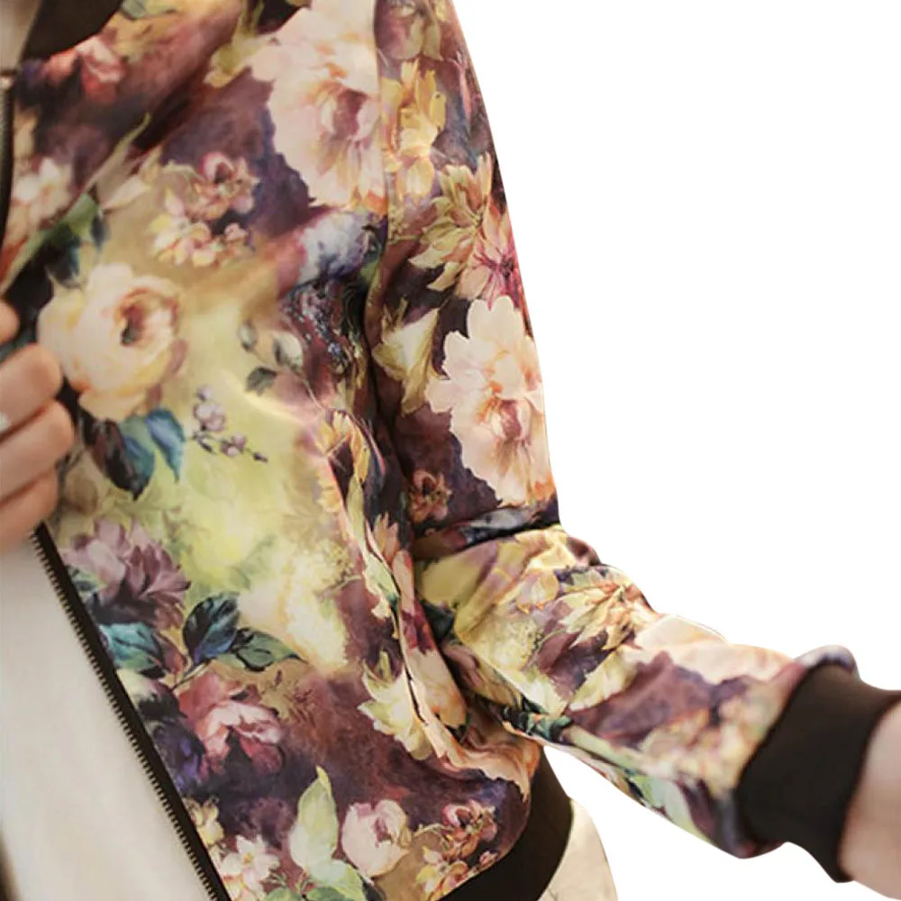 JAYCOSIN Весенняя женская куртка-бомбер с цветочным принтом размера плюс, Короткое женское пальто на молнии, верхняя одежда с длинным рукавом, женские куртки Z712