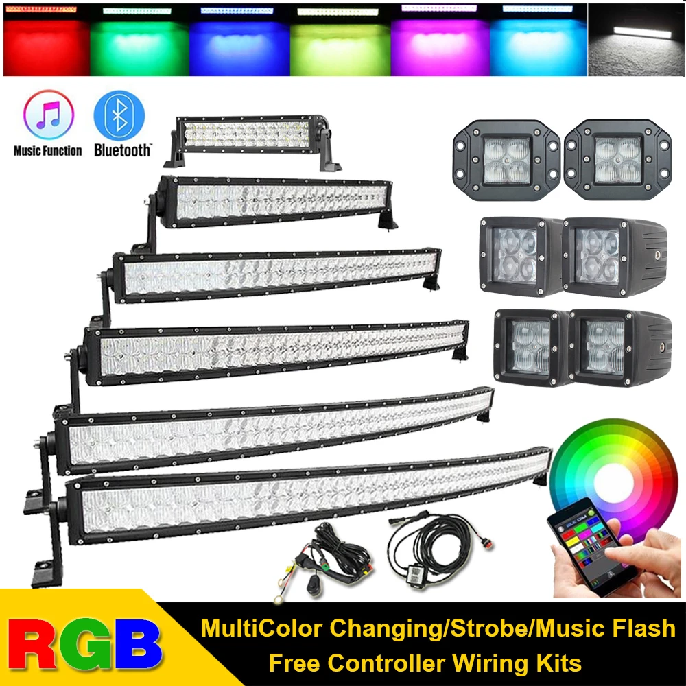 14" inch 72W 5D RGB Led Work Light Bar Music Wireless Bluetooth & Wiring Kit