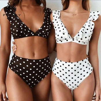 

2020 Sexy Retro Cute V Neck White Black Polka Dot Ruffled Biquini Bathing Suit Cut High Waist Swimsuit Swimwear Women Bikini