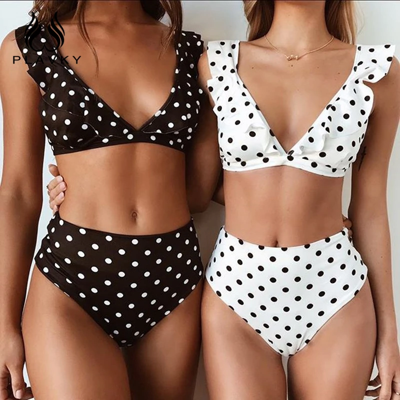 Online 2020 Sexy Retro Schöne V Neck Weiß Schwarz Polka Dot Rüschen Biquini Badeanzug Cut Hohe Taille Badeanzug Bademode Frauen bikini