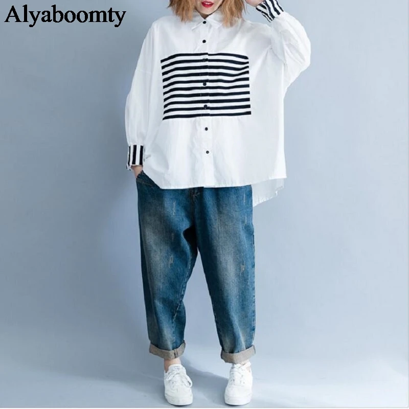 

2019 Plus Size Spring Autumn Women Blouse Striped Print Patchwork Casual Loose Female Blusas Oversized Cotton White Tops Shirts