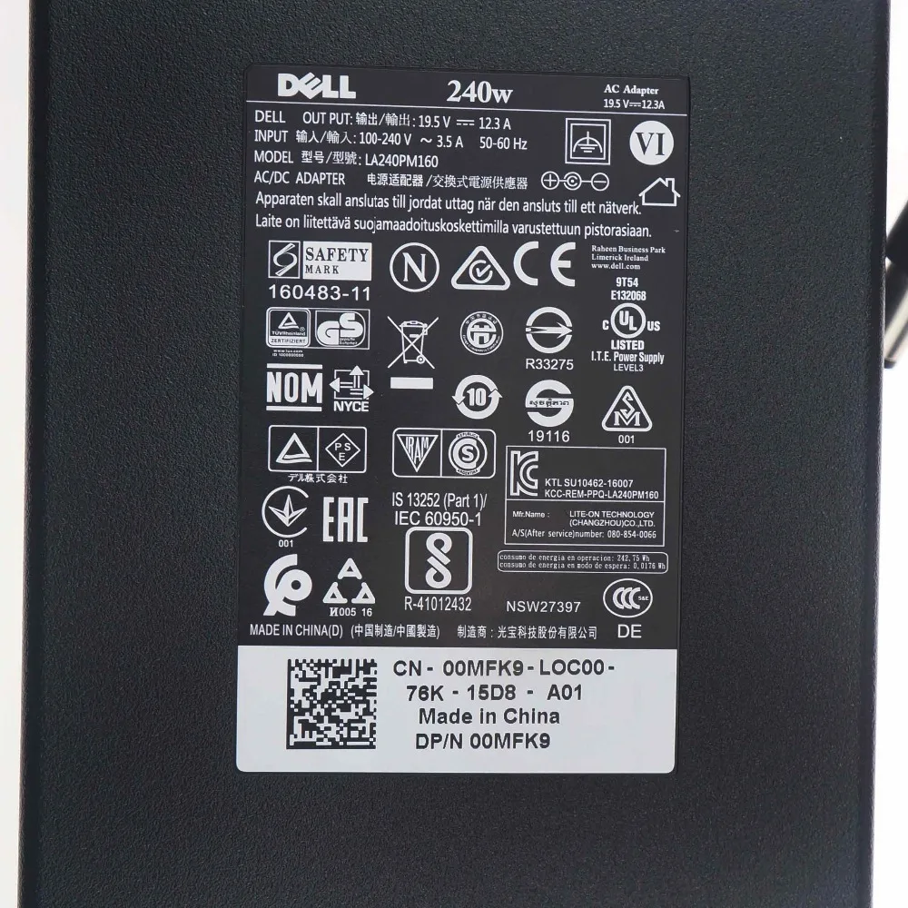 Original 240W AC DC Power Adapter Charger for Dell Alienware M17X R2 M17X R3 M6600 M6700 0MFK9 00MFK9 LA240PM160 19.5V 12.3A Original 240W AC DC Power Adapter Charger for Dell Alienware M17X R2 M17X R3 M6600 M6700 0MFK9 00MFK9 LA240PM160 19.5V 12.3A
