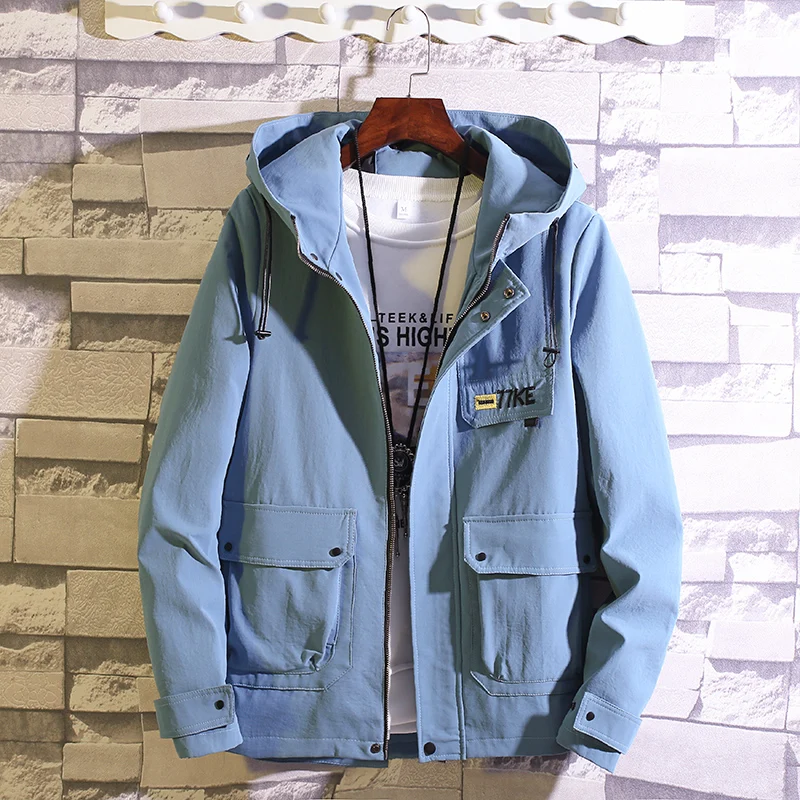 

2019 Autumn Fashion Mens Hooded Jackets Embroidery Letter Long sleeve Zipper Windbreaker Men Solid Big Pockets Outwear Coats