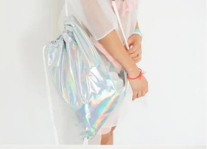 

Women Backpacks Soft Functional Stylish Rainbow Colorful Metallic Silver Laser Holographic Drawstring Bags