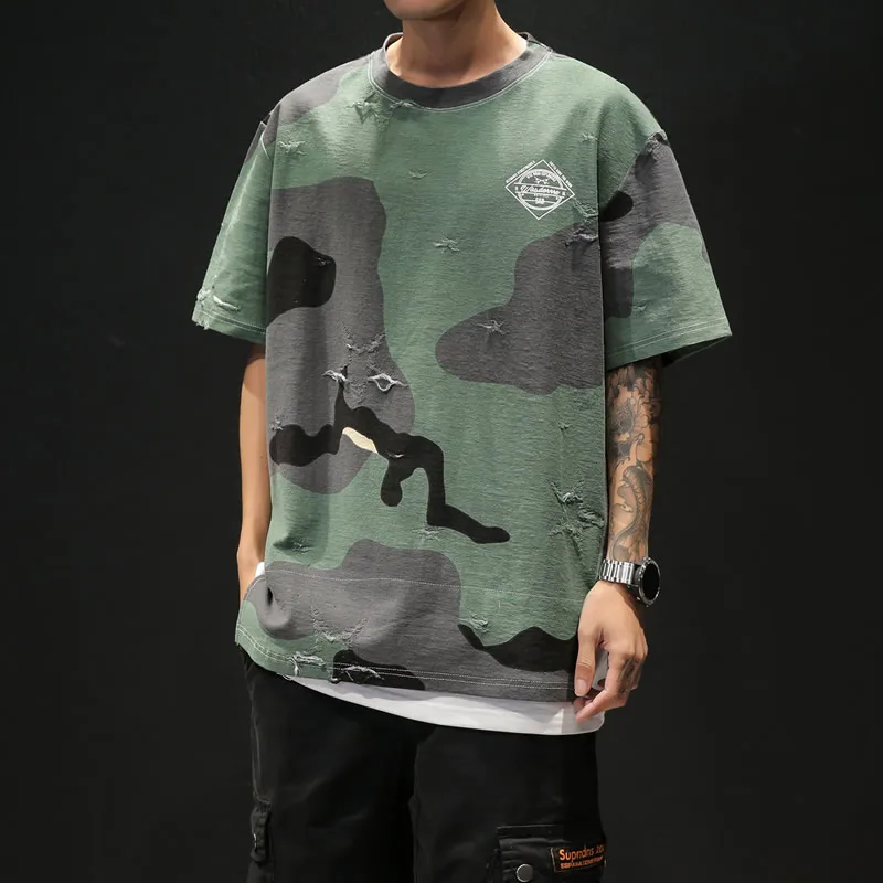 

Fake Two Pieces Male T-Shirt Hole Camouflage Men's T-Shirts O-Neck Large Sizes Summer Short-Sleeved T-Shirt