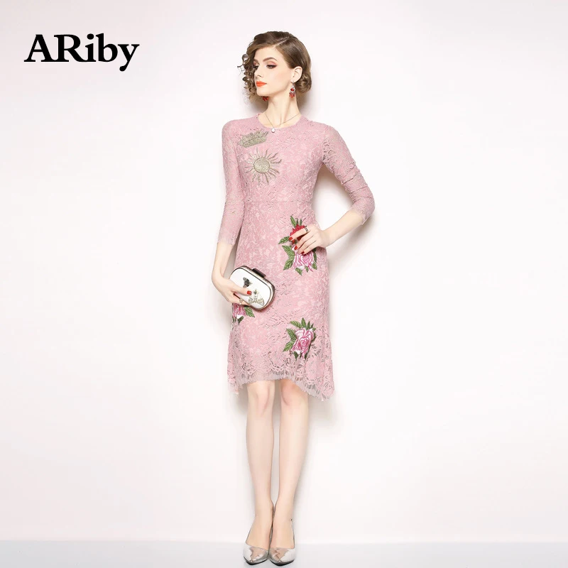 Dress Women Vestidos Sweet Lace Pink Dress 2019 Spring Elegant High-end Floral Embroidery Party Night O-Neck Knee-Length Dress Dress Women Vestidos Sweet Lace Pink Dress 2019 Spring Elegant High-end Floral Embroidery Party Night O-Neck Knee-Length Dress
