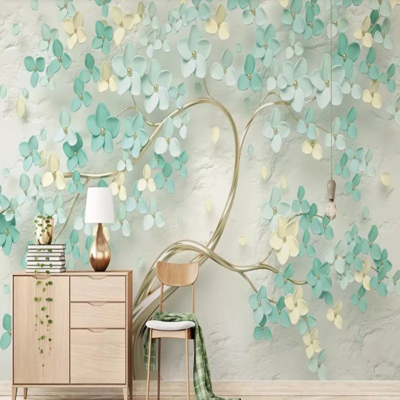 

New small fresh mint green 3d flower embossed background wall