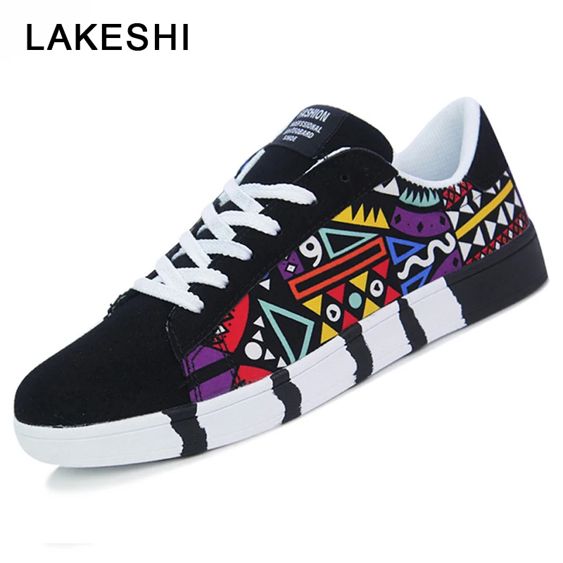 Lakeshi Fashion Graffiti Men Shoes Casual Man Sneakers Print Canvas