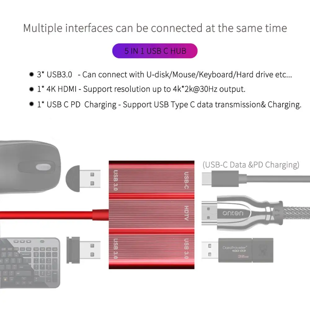 Usb адаптер YMY 5 в 1 концентратор USB Type C для 4K HDMI USB3.0 и PD зарядки совместимый с Apple MacBook