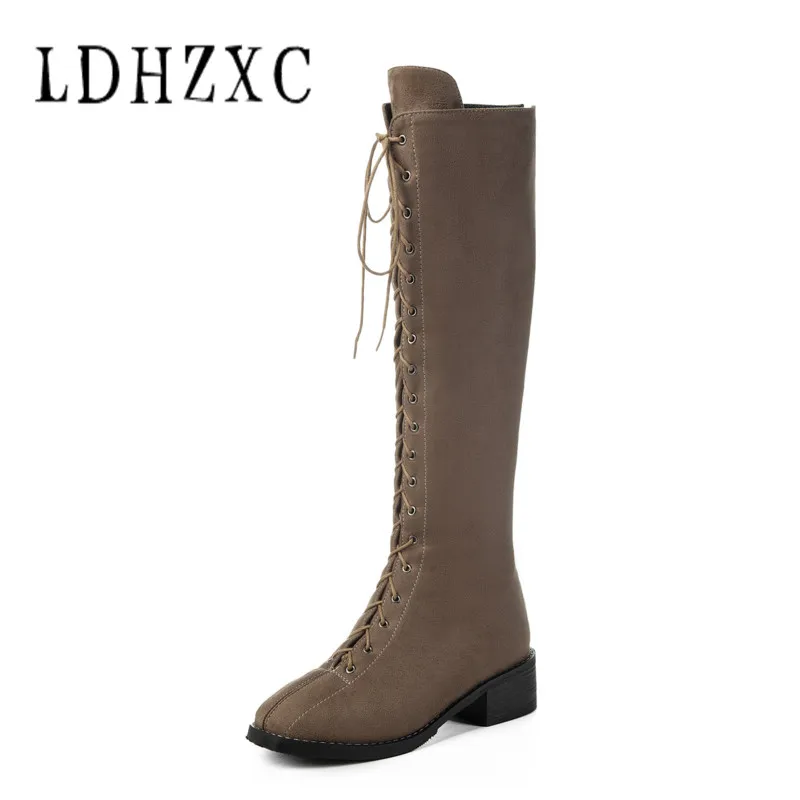 

LDHZXC Flock Leather Women Knee High Boots Round Toe Footwear Square Heels Female Motorcycle Boot Shoes Woman Winter Size 42 43