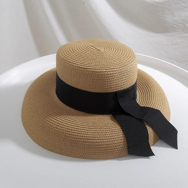 Ymsaid, женская шляпа от солнца, летняя пляжная соломенная шляпа, женская шляпа-канотье с ленточным галстуком для отдыха, праздника, Одри Хепберн - Цвет: Khaki