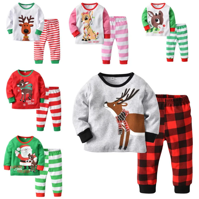 

2018 Kids clothes Christmas set Baby boys girls Cotton sets Santa Claus Deer Pajama set Long sleeve t-shirt+pants Children suit