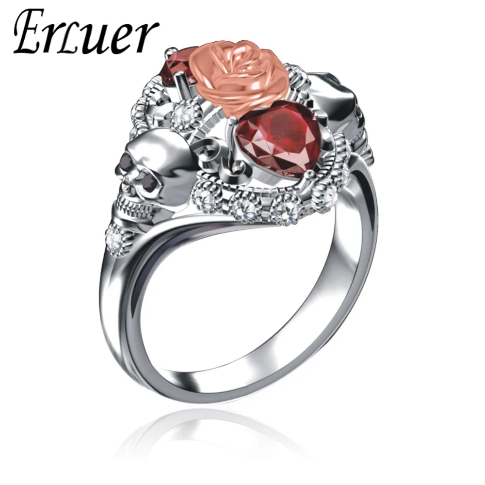 Готический набор колец с черепом, серебряное женское свадебное кольцо для женщин и девочек, красное сердце, Кристалл CZ, цветок розы, модный подарок для ювелирных изделий, кольцо