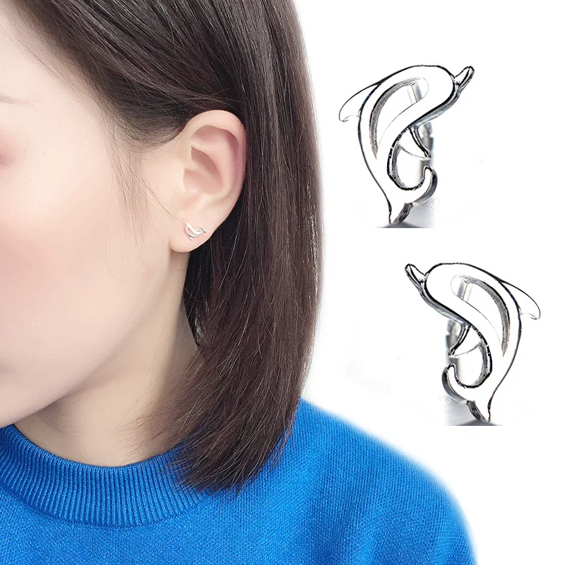 

925 Solid Sterling Silver Piercing Animal Dolphin Stud Earrings for Women Girls Wedding Party Gift Femme Jewelry eh1031