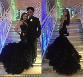 

Sexy Black Mermaid Prom Gown Spaghetti Straps Floor Length Chapel Train Wedding Party Dress