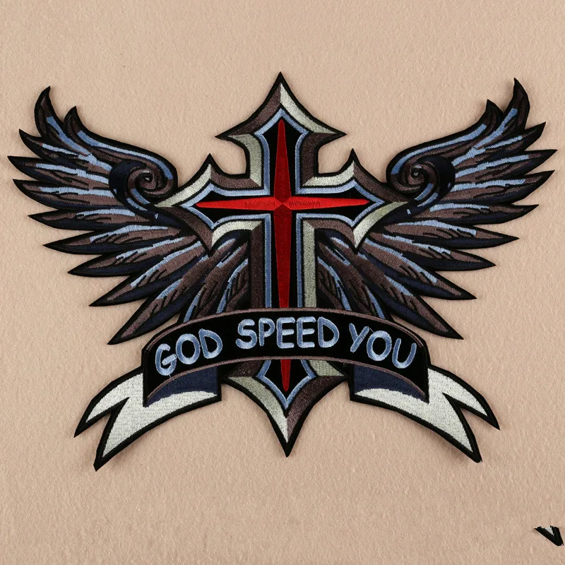 

Embroidered Iron On Patches 1pcs Large Punk God Speed You Cross Wing Badge Biker Patches For jacket Clothing