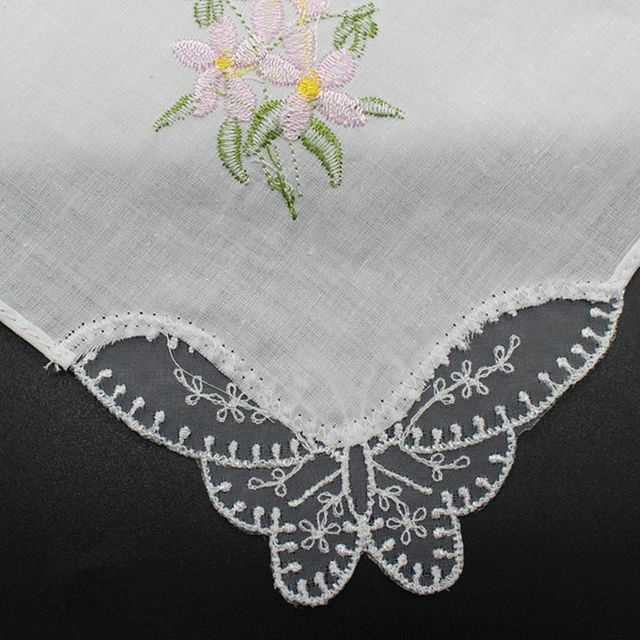 2Pcs/lotEmbroidered Handkerchief Cotton White Handkerchief, Embroidery Lace, Single Side Edge 5