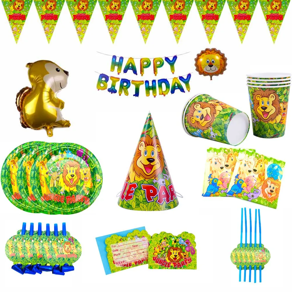 

Jungle Theme Party Decorations Lion King Balloons Tableware Plate Banner cup Napkin baby shower birthday party supplies