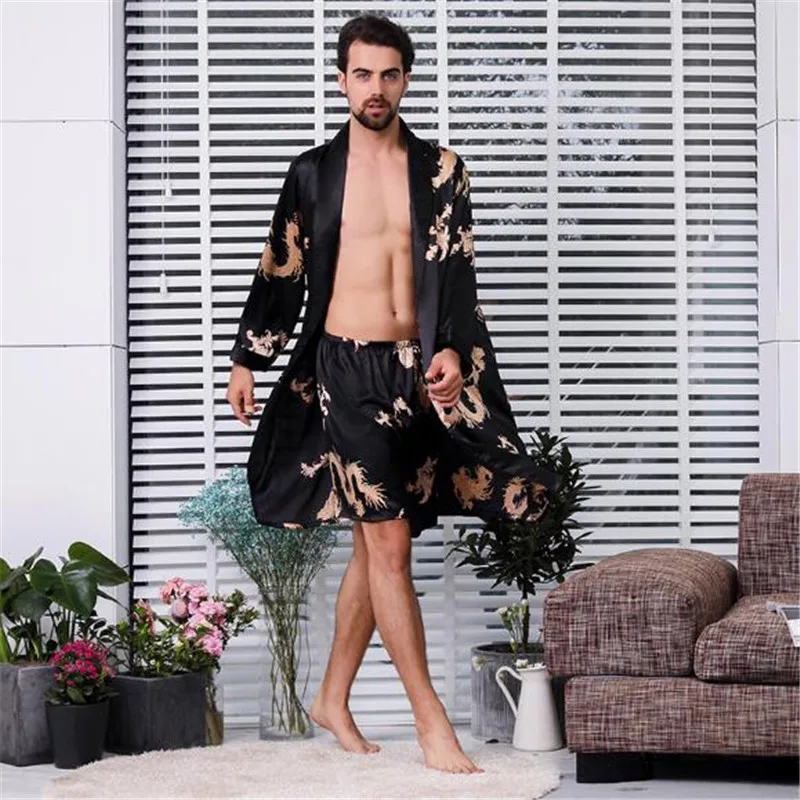 Mens Summer Print Fauxsilk Robes 2 Pieces Men Bathrobe 2019 Sleepwear Robe Summer Long Sleeved