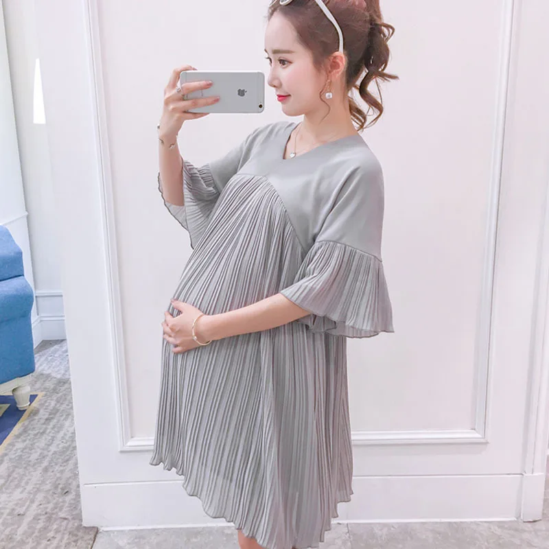 

Summer Korean Fashion Maternity Dress V Neck Slim Waist Pleated Chiffon Clothes for Pregnant Women Pregnancy Party Dress