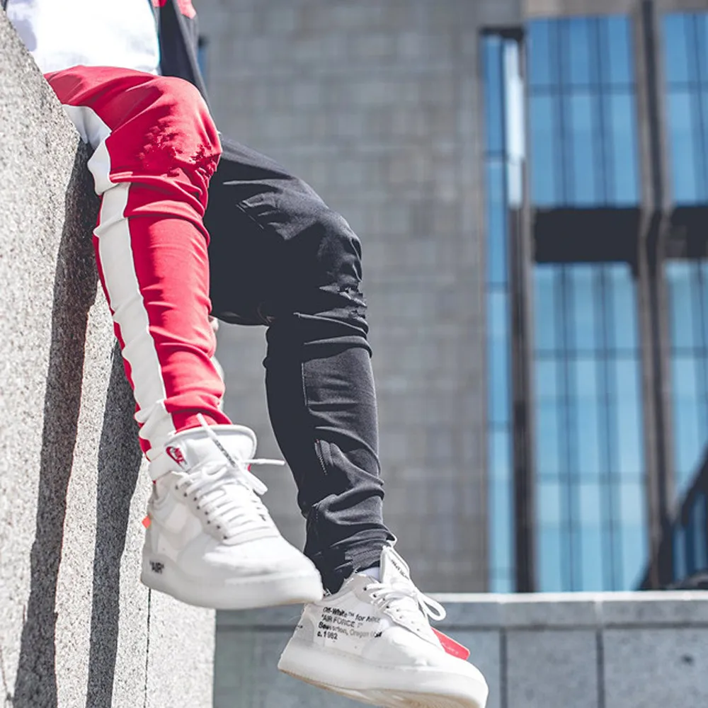 2019  Cotton Mens Long Color Block Street Patchwork Zippers Elastic hip pop Casual Pencil Pant Sweatpants Trousers Jogger Pants
