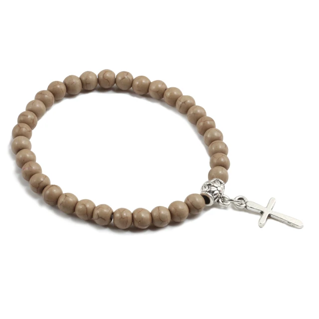 Retro Men Alloy Cross Pendant Bracelets Fashion Black Matte 6mm Beads Elastic Bracelet For Women