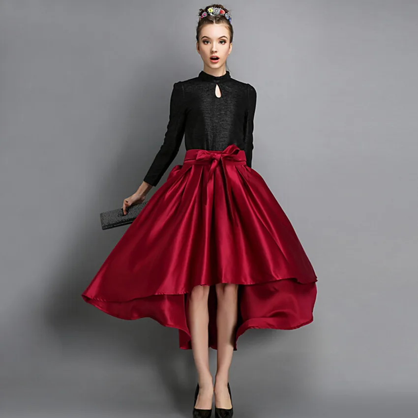 Fashion Trend High Low Skirt Wine Red Long Pleated Skirts High Waist ...