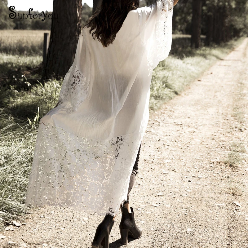 

White Cotton Lace Boho Dress Robe Plage 2019 Vestido Blanco Largo Kaftan Beach Sexy Women Summer Shirt top Tunics for Beach