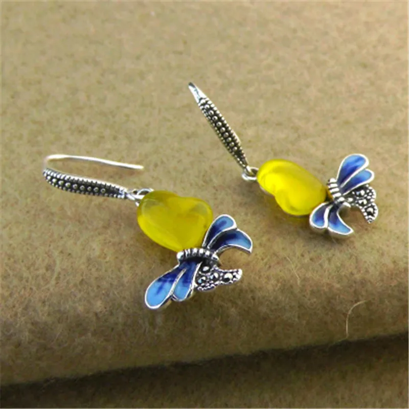 

BESTLIBUY 925 sterling silver turquoises earrings retro Thai silver yellow agates new butterfly earrings female Jewelry
