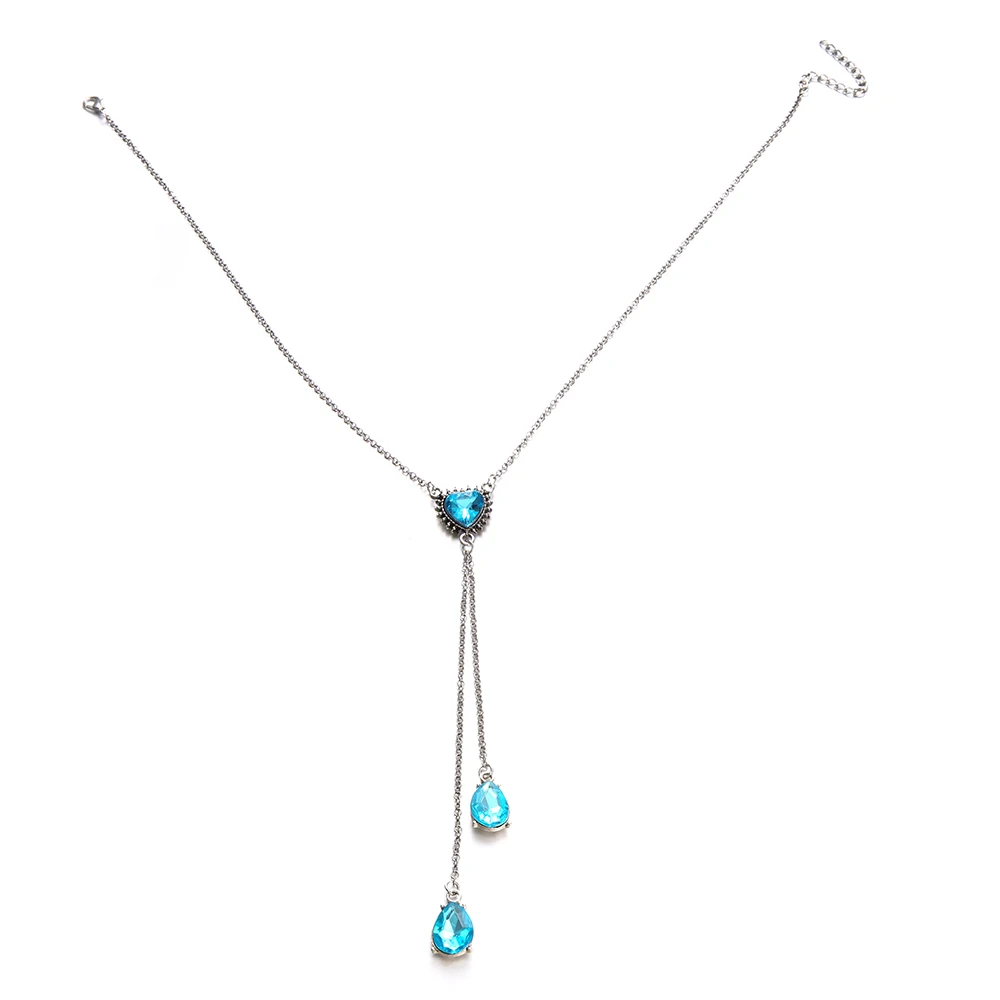 Женское ожерелье красивая любовь капли воды подвеска с синим кристаллом длинное серебряное ожерелье леди мода пляж вечерние ювелирные изделия