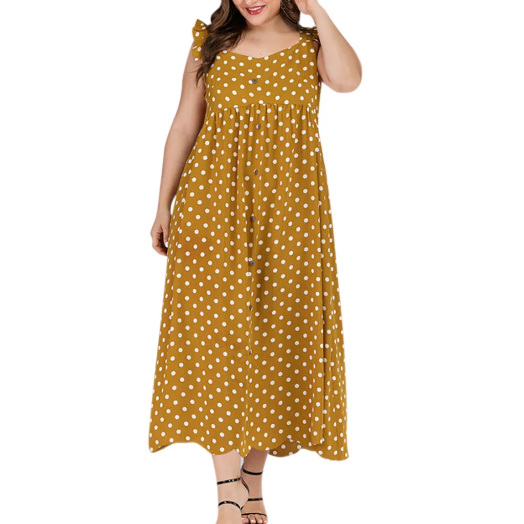 

Women Summer Dress Sundress Bohemian Loose Sleeveless Dot Printed Casual Ankle-Length Long Maxi Beach Dress Plus Size 4XL L508