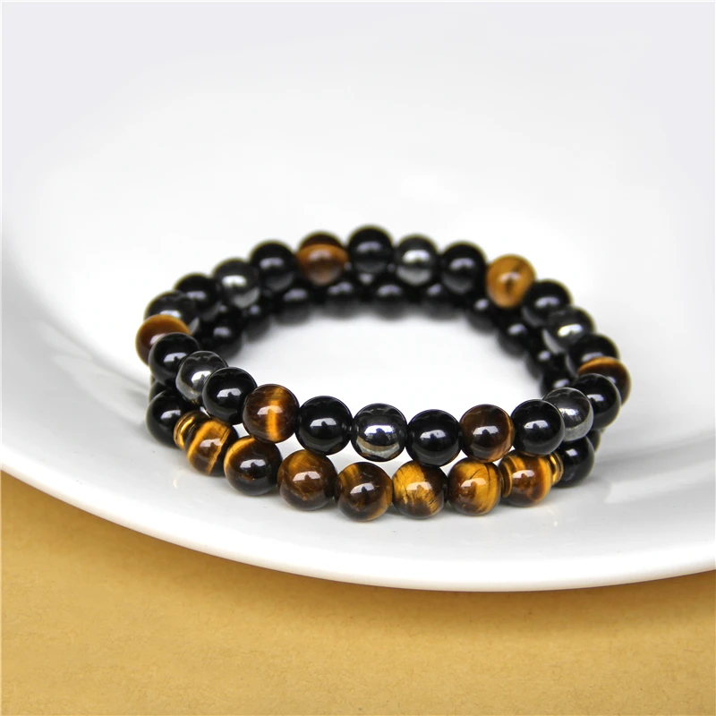 2pcs Men Bracelets Beads Natural Stone Black Onyx&Tiger Eye&Hematite Stone Bracelets for Women Men No Magnetic Bracelet