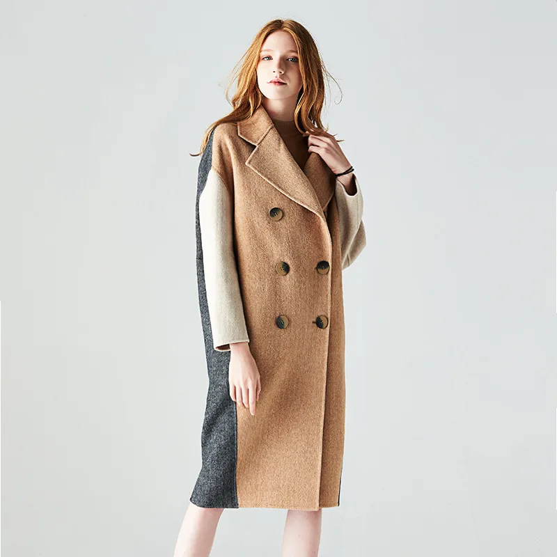 

2019 new female high quality spring and autumn double-sided cashmere cocoon type pactwork color matching herringbone wool coat