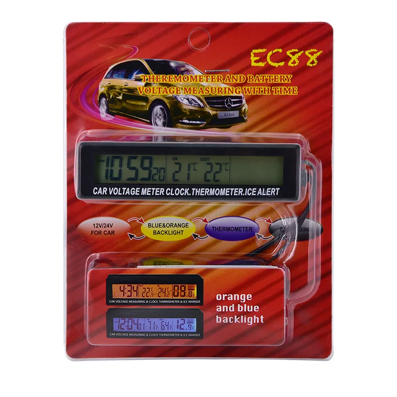 Mini lock for car Multi-function Car Thermometer Voltmeter Battery Voltage Temperature Monitor Meter Clock in car EC88