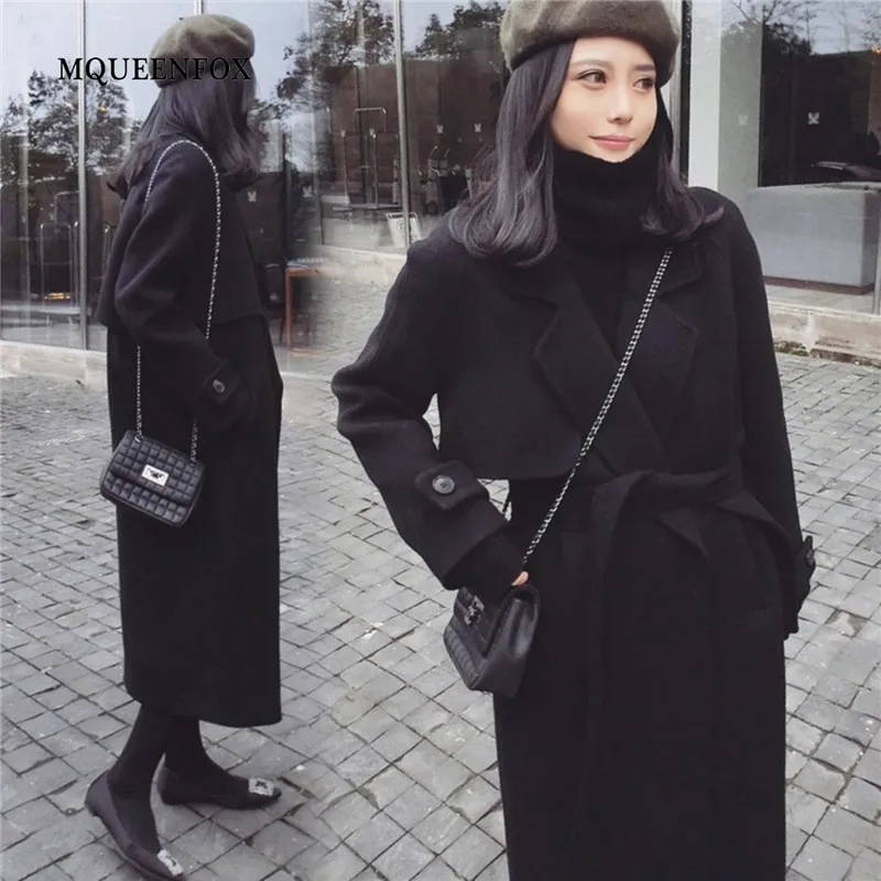 Winter Long Woolen coat Women 2019 Black Adjustable Waist Women Woolen Coat Outerwear Casual loose Winter Coats Female XS-2XL