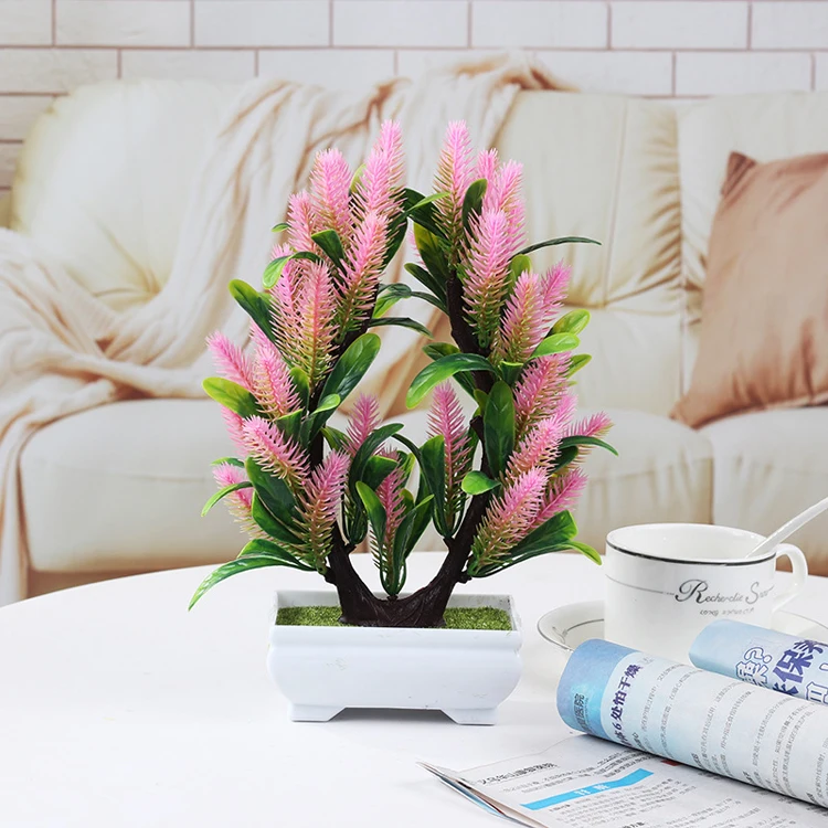 1 набор искусственные цветы для имитации растений бонсай Феникс сосна в горшках для дома зеленое растение декоративные настольные украшения - Цвет: Розовый
