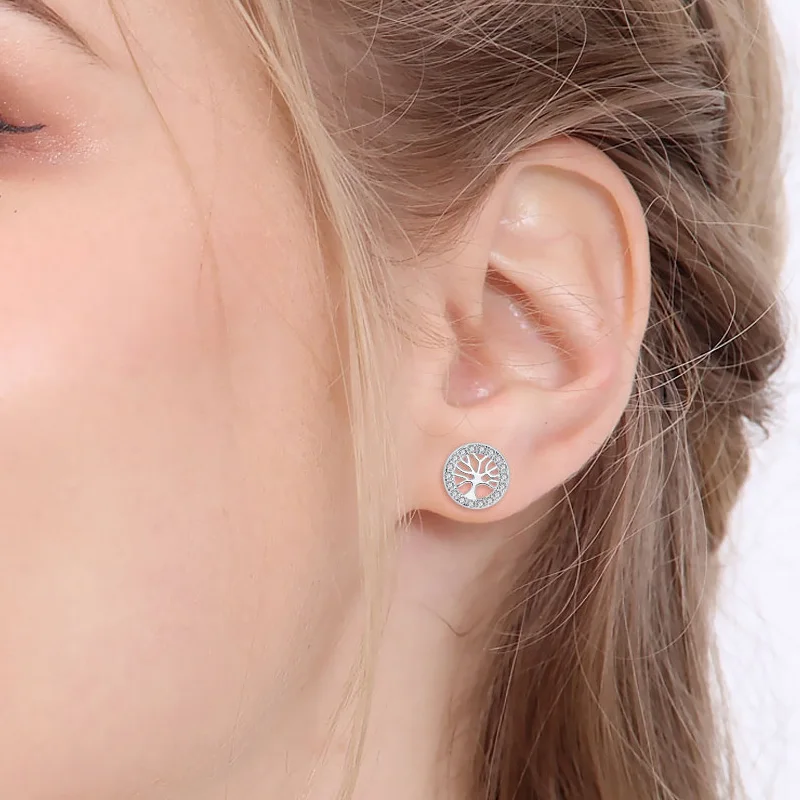 ELESHE 925 Sterling Silver Family Tree Stud Earrings with Crystal Zirconia For Women Wedding Earring Sterling Silver Jewelry