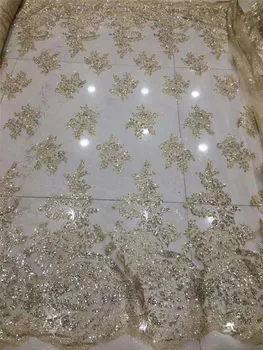 

Pretty flowers Gold color Good looking glued glitter YG-723 french net embroidered lace fabric for party dress