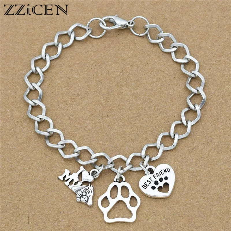 

New I Love My Dog Best Gifts Jewelry for Dog Lover Antique Silver Dog's Paw Love Best Friend Heart Charm Pendant Chain Bracelets