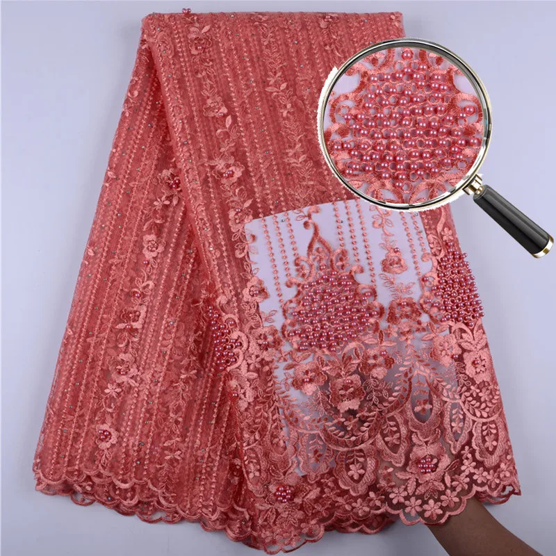 

2018 Latest Peach French African Net Lace Fabric High Quality African Embroidered Tulle Lace Fabric For Wedding S1399