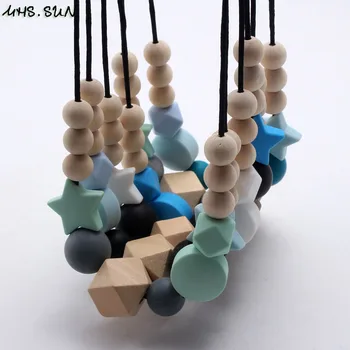 MHS.SUN Silicone Wooden Beads Necklace Baby Silicone Teething Nursing Necklace For Newborn Mom BPA Free Breastfeeding Jewelry