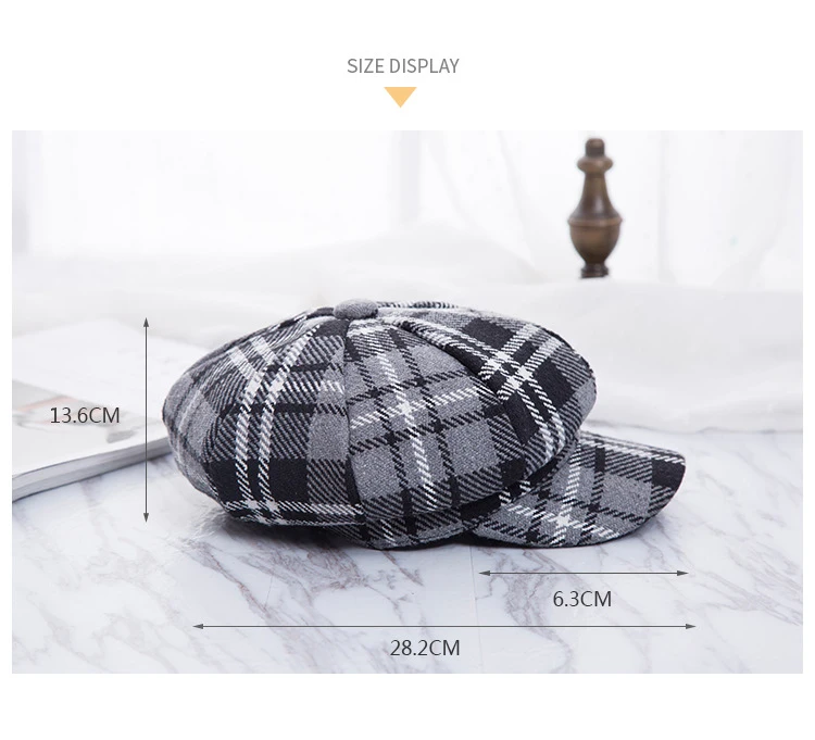2018 New British Lattice Octagonal Fashion Hat Autumn And Winter Woolen Painter Hat Female Personality Wild Duck Tongue Hat ACB75 (4)