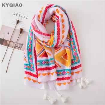 

KYQIAO Bohemian designer scarf women neck scarf female autumn winter Spain style long boho ethnic print head scarf neckerchief