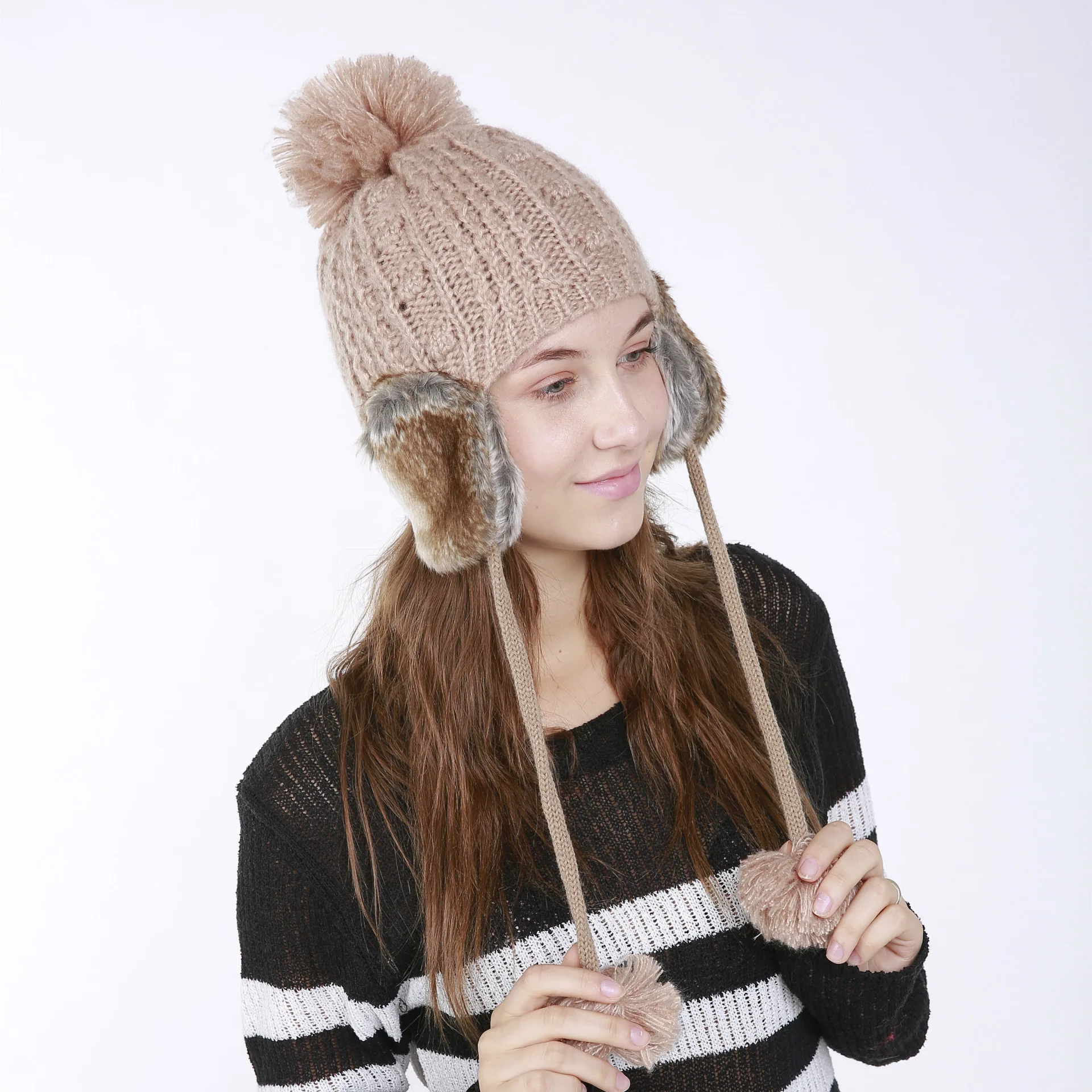 New Winter Women Knitted Bomber Hats Fur Warm Heating Female Hanging Ball Cap with Hair Ear Protector Russian Hat | Аксессуары для