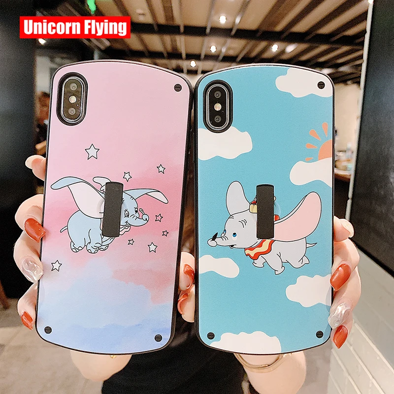 

LinXiang Cartoon Dumbo Flying Elephant Invisible Ring Stand Matte Phone Case Back Cover For iphone 6 6s 7 8 Plus X XS Max XR