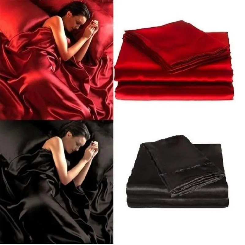 

4 Pce Luxury Satin Silk Soft QUEEN Bed Fitted Sheet Set - RED BLACK
