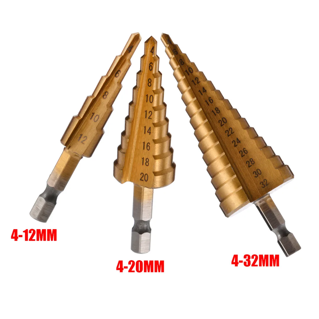 Titanium Coated Hole Cutters HSS Step Cone Drill Bits for Cutting Steel Brass Wood Plastic 4-12mm 4-20mm 4-32mm