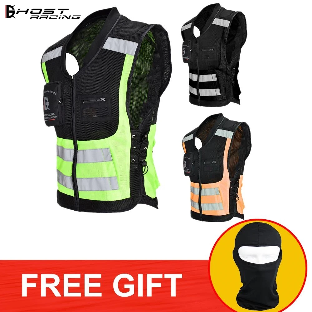 

GHOST RACING Motorcycle High Visibility Security Reflective Vest Pockets Outdoor Moto Motocross Riding Off-Road Safety Vest